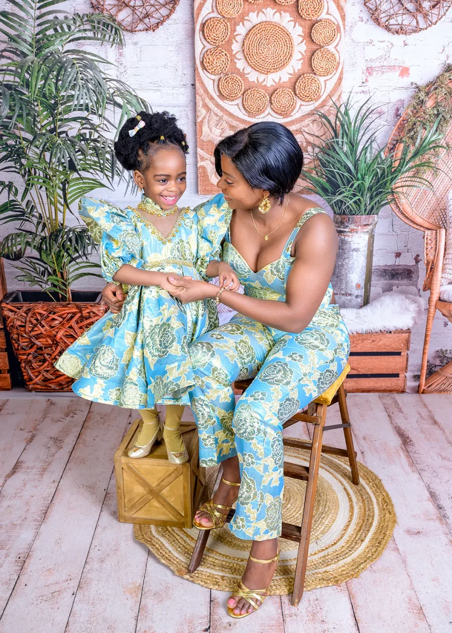 mother and daughter on boho background